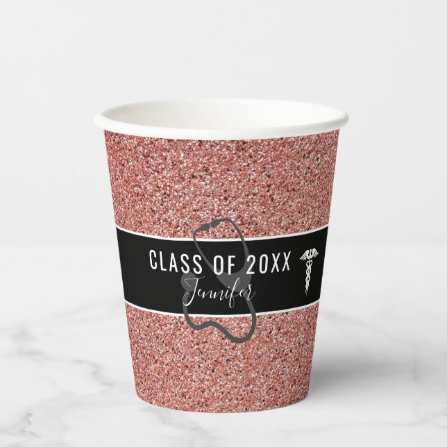 Nurse Graduation Caduceus Rose Gold Glitter Name Paper Cups (Front)