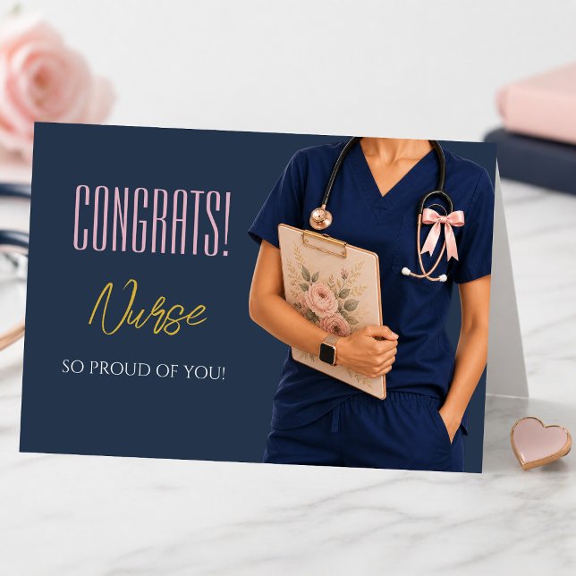 Nurse Graduation Congratulations Card (Emotional nurse graduation card with elegant navy design and soft bow detail)