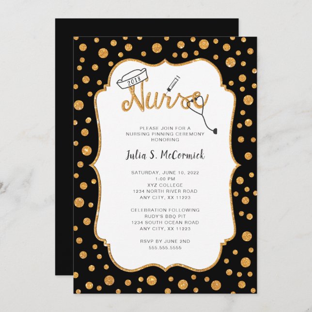 Nurse graduation, faux gold + you change colour invitation (Front/Back)