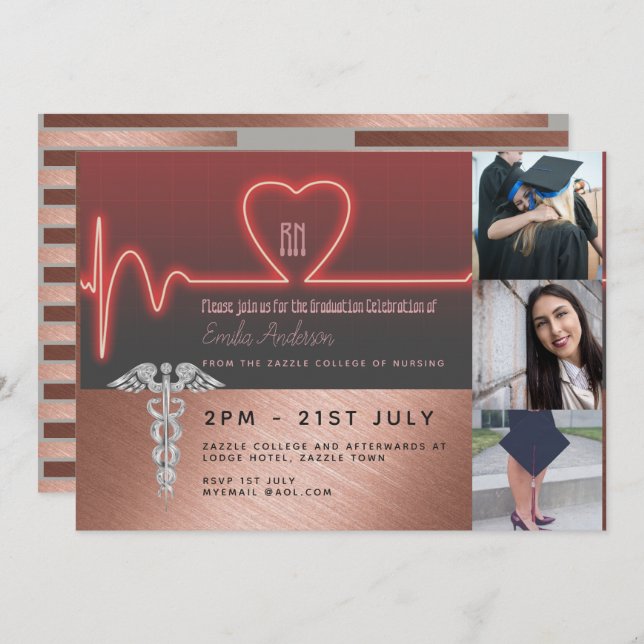 Nurse Graduation Invitation - PHOTO RN Rose Gold (Front/Back)