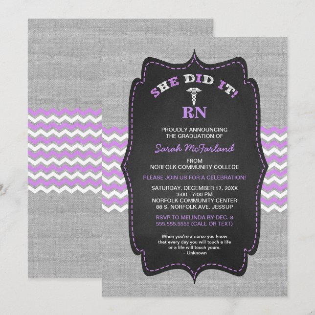 Nurse graduation invites, lavender grey chalkboard invitation (Front/Back)
