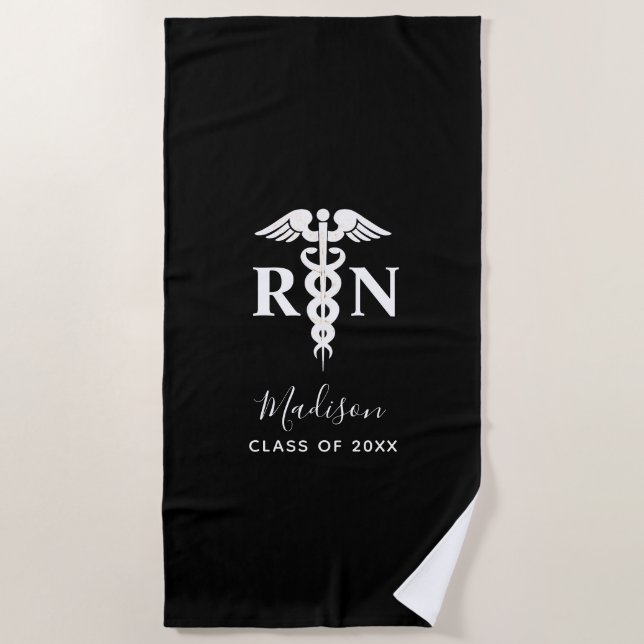 Nurse Graduation Medical Black White Personalised Beach Towel (Front)