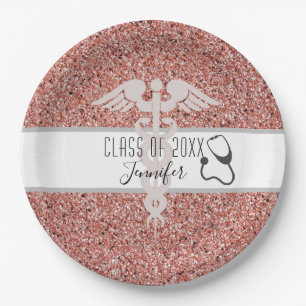 Nurse Graduation Medical Caduceus Pink Glitter Paper Plate