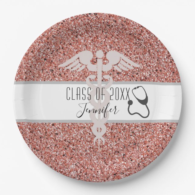 Nurse Graduation Medical Caduceus Pink Glitter Paper Plate (Front)