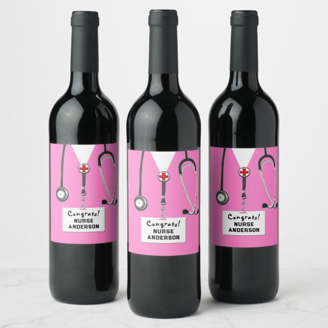 Nurse Graduation Nursing School Pink Wine Label (Bottles)