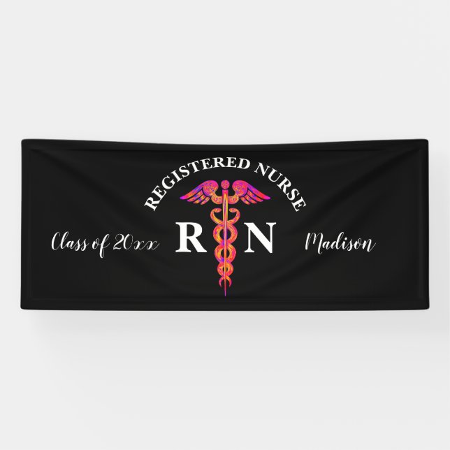 Nurse Graduation Party Black Pink Personalised Banner (Horizontal)