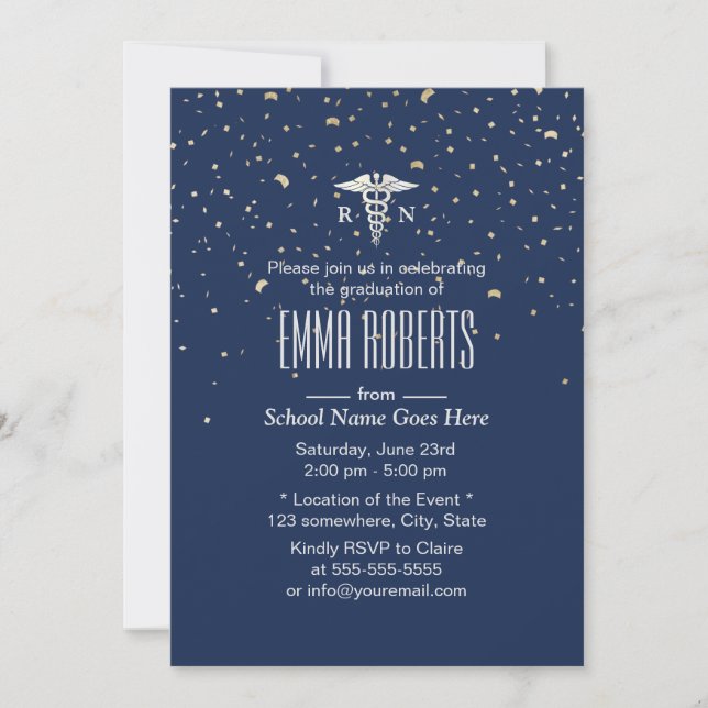 Nurse Graduation Party Elegant Gold Confetti Navy Invitation (Front)