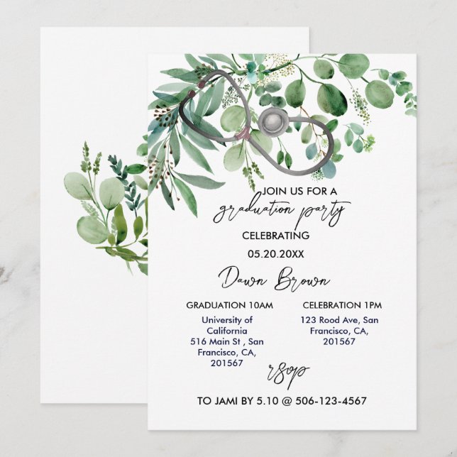 Nurse Graduation Party Eucalyptus Greenery Invitation (Front/Back)