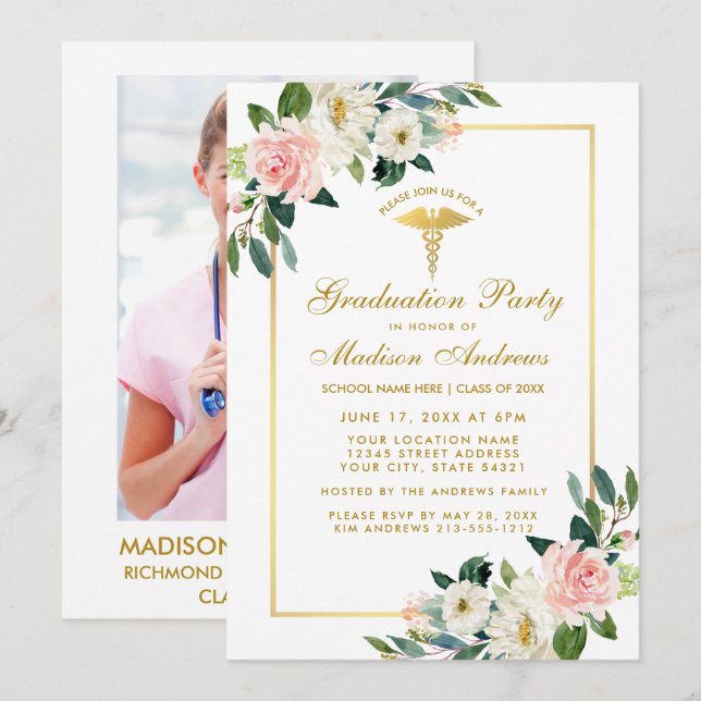 Nurse Graduation Party Gold Pink Photo Invite (Front/Back)