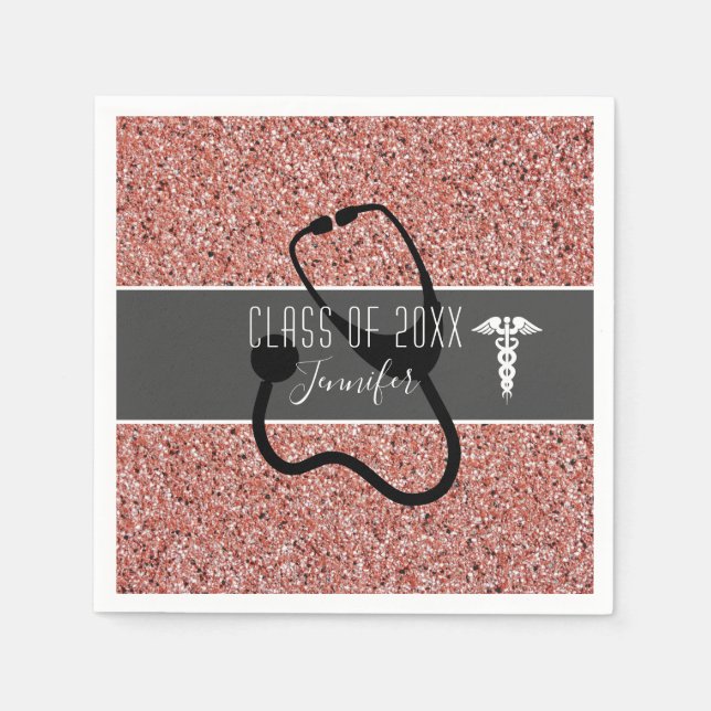 Nurse Graduation Party Medical Rose Gold Glitter Napkin (Front)