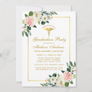 Nurse Graduation Party Pink Floral Gold Invitation