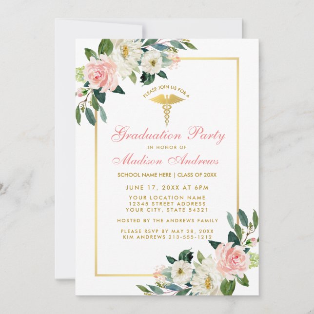 Nurse Graduation Party Pink Floral Gold Invite GP (Front)