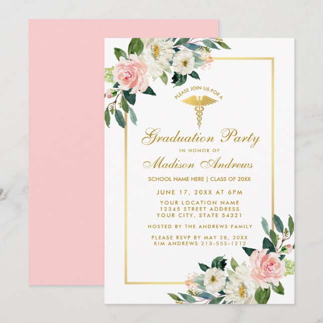 Nurse Graduation Party Pink Floral Gold Invite P (Front/Back)
