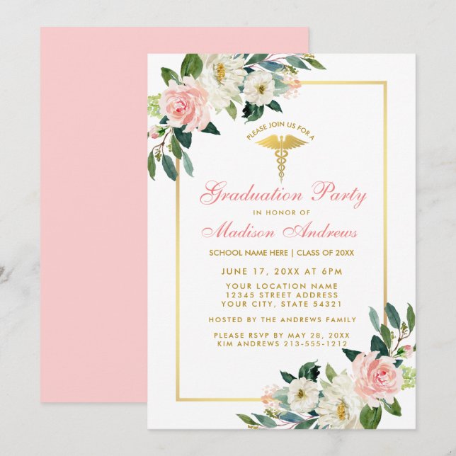 Nurse Graduation Party Pink Floral Gold Invite Pk (Front/Back)