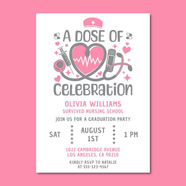Nurse Graduation Party RN Modern Pink & Grey Invitation (Modern pink and gray graduation party invitation)