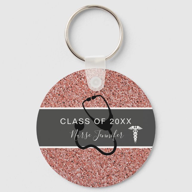 Nurse Graduation Pink Glitter Personalised Name Key Ring (Front)