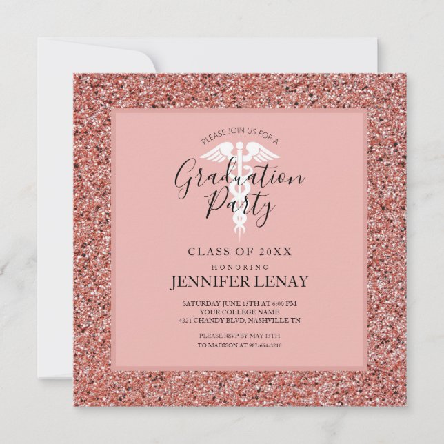Nurse Graduation Pink Rose Gold Medical Party Card (Front)
