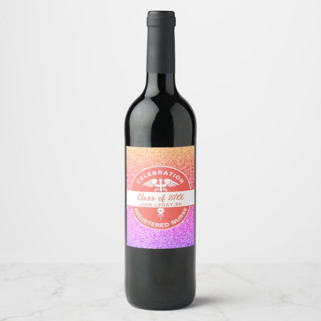 Nurse Graduation Rainbow Glitter Personalised Wine Label (Front)