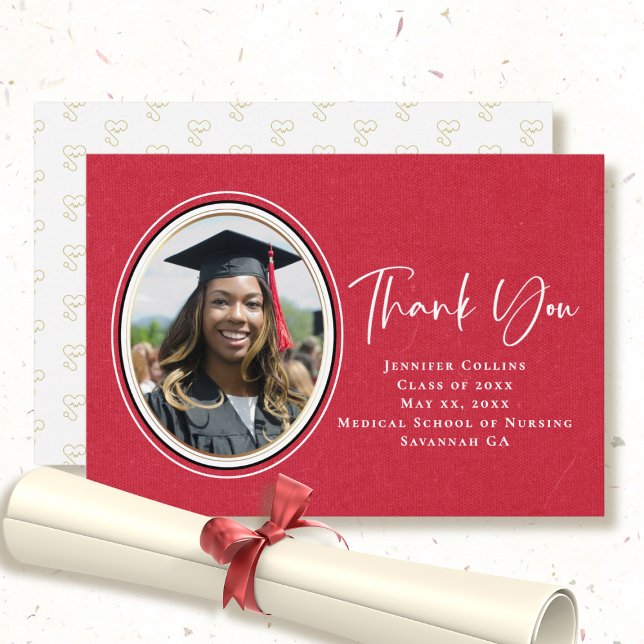 Nurse Graduation Red Simple Gold Frame Stethoscope Thank You Card (Creator Uploaded)