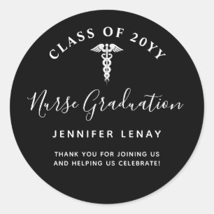 Nurse Graduation Thank You Black White Name Classic Round Sticker