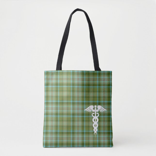 Nurse Green Plaid Medical Caduceus Tote Bag (Front)