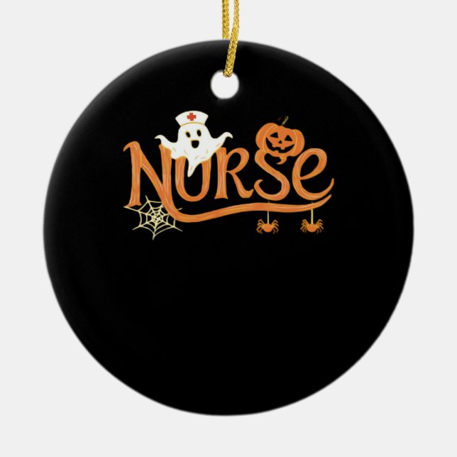 Nurse Halloween Cute Ghost and Pumpkin Essential T Ceramic Tree Decoration (Front)