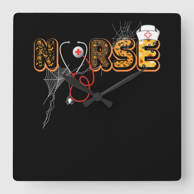 Nurse Halloween Gift With Pumpkin Boo Spider Square Wall Clock (Front)