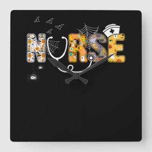 Nurse Halloween Shirt Gift With Pumpkin Boo Spider Square Wall Clock