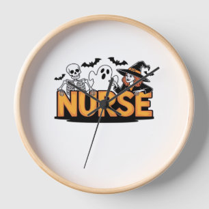 Nurse - Halloween - with ghost, witch, and skeleto Clock