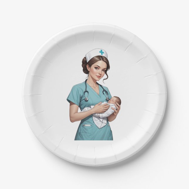 Nurse Holding Newborn – Gentle Care Medical Design Paper Plate (Front)