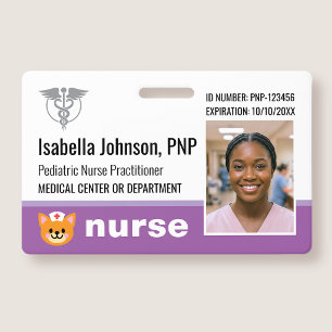Nurse ID Badge Photo Logo Cat Purple Pediatric Fun