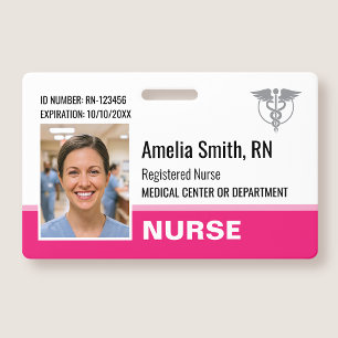 Nurse ID Badge Photo Logo Modern Pink Template