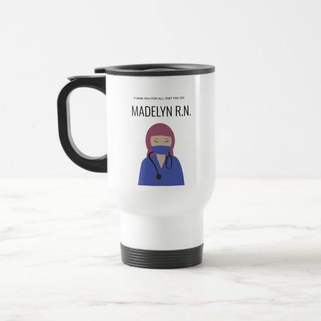 Nurse illustration Blue scrub and HIjab Thank you Travel Mug (Left)