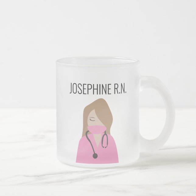 Nurse Illustration Pink scrubs Thank you Frosted Glass Coffee Mug (Right)