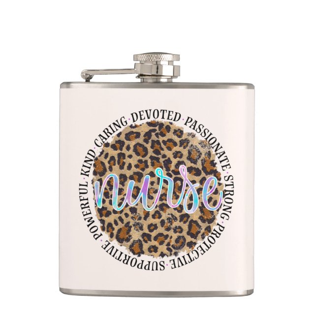 "Nurse" & Inspiring Traits - Leopard Print Hip Flask (Front)