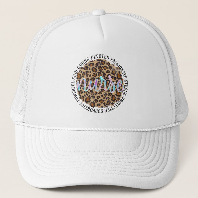 "Nurse" & Inspiring Traits - Leopard Print Trucker Hat (Front)