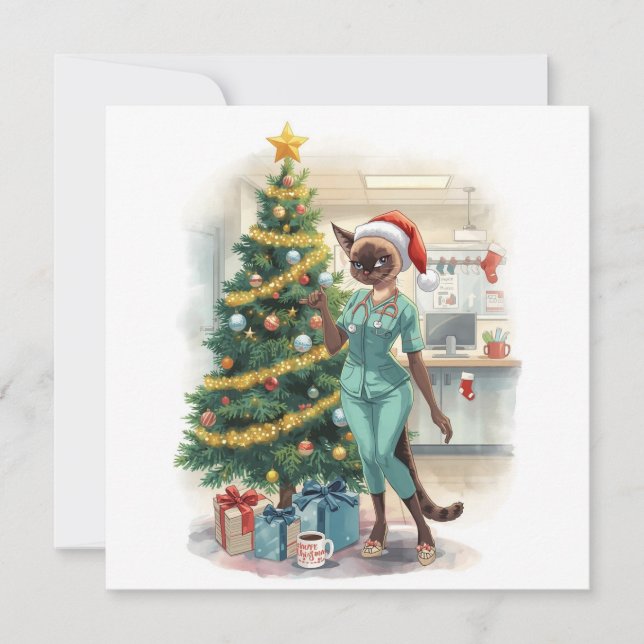 Nurse is decorating Christmas tree in hospital  Holiday Card (Front)