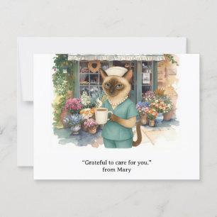 Nurse is drinking coffee in front of florist shop postcard
