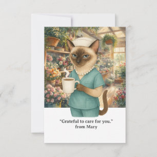Nurse is drinking coffee in front of florist shop thank you card
