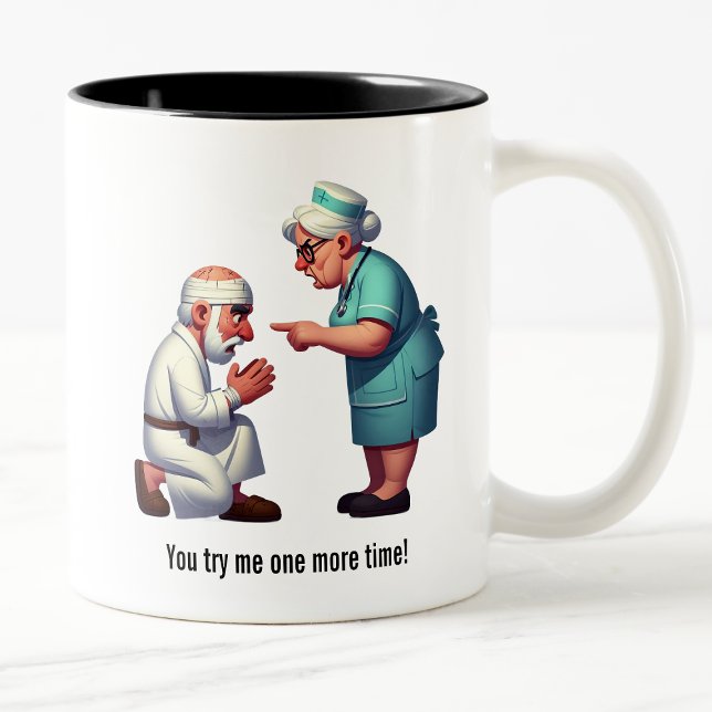Nurse Knocks Down a Stubborn Elderly Patient Two-Tone Coffee Mug (Creator Uploaded)
