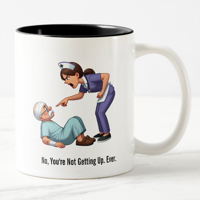 Nurse Knocks Down a Stubborn Elderly Patient Two-Tone Coffee Mug (Creator Uploaded)