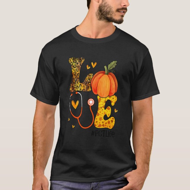 Nurse Leopard Pumpkin Thanksgiving Love PCT Nurse  T-Shirt (Front)