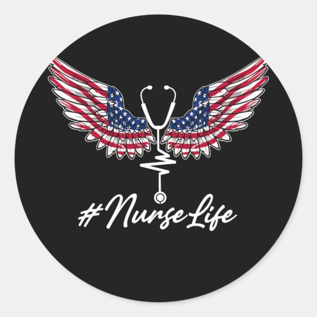 Nurse Life Angel Wings American Flag Stethoscope Classic Round Sticker (Front)