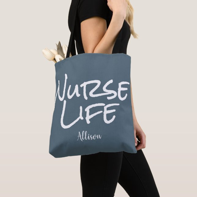 Nurse Life Blue White Script Medical Monogram Tote Bag (Close Up)