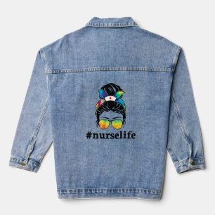 Nurse Life Messy Bun Girl with Glass Sublimation Denim Jacket