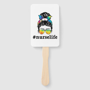 Nurse Life Messy Bun Girl with Glass Sublimation Hand Fan
