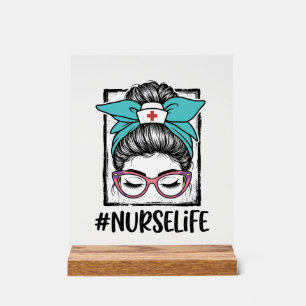 Nurse Life Messy Bun Rainbow Bow Vector Design_1 Acrylic Sign