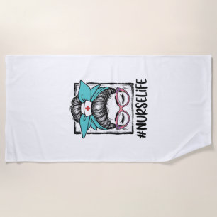 Nurse Life Messy Bun Rainbow Bow Vector Design_1 Beach Towel