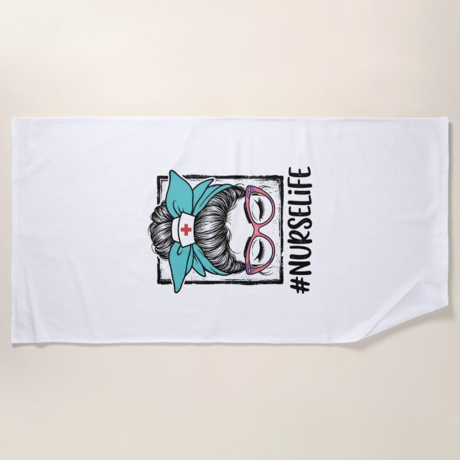 Nurse Life Messy Bun Rainbow Bow Vector Design_1 Beach Towel (Front)