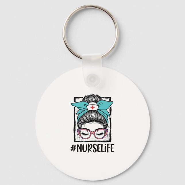 Nurse Life Messy Bun Rainbow Bow Vector Design_1 Key Ring (Front)